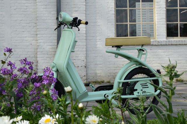 Elektrische fiets bombo bike achter bloemen geparkeerd